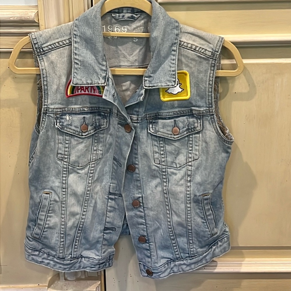 Women S Denim Vest with Intentional Distressing & Patches